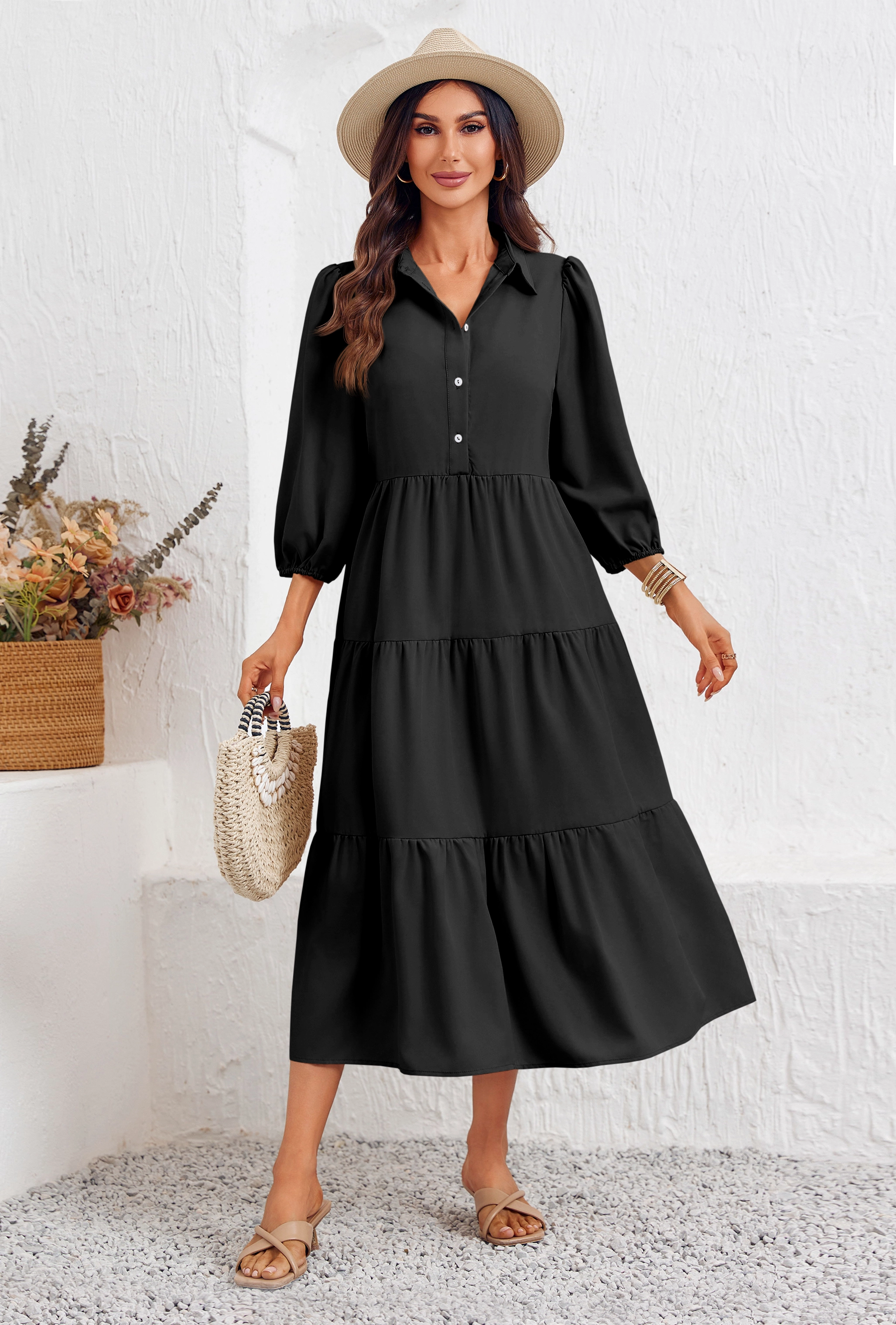 Wenrine Black Button Down Collared Maxi Dress