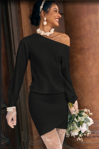 Wenrine Womens Black One Shoulder Sweater Dress