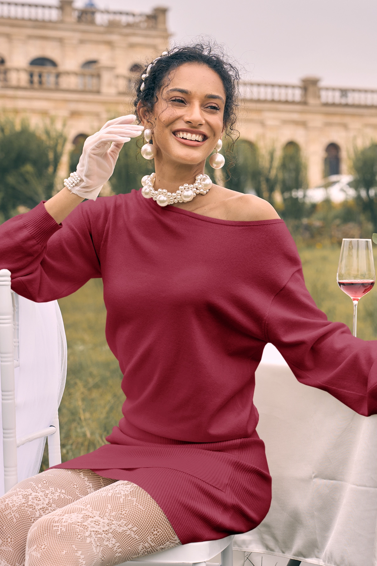 Wenrine Womens Burgundy One Shoulder Sweater Dress