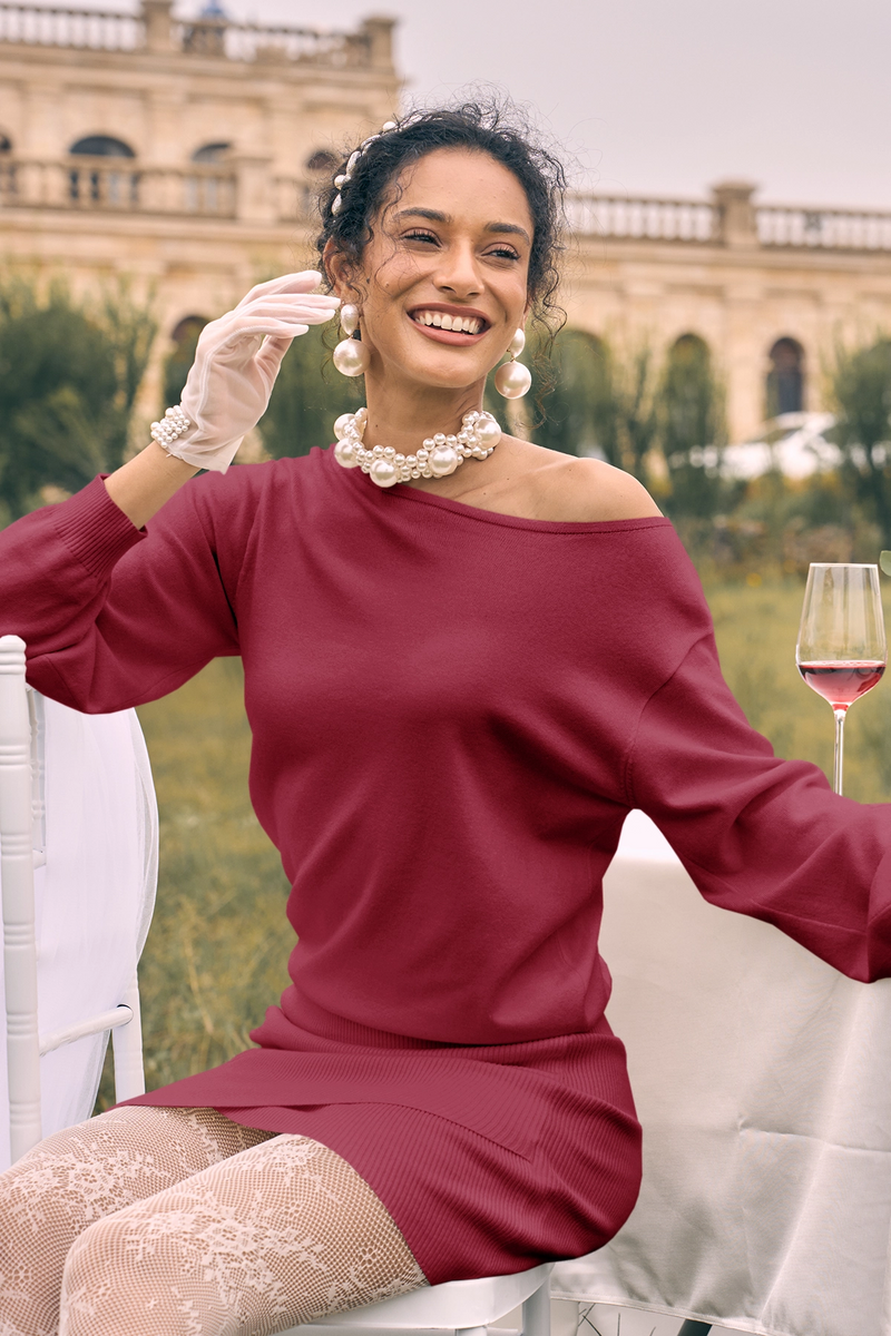 Wenrine Womens Burgundy One Shoulder Sweater Dress