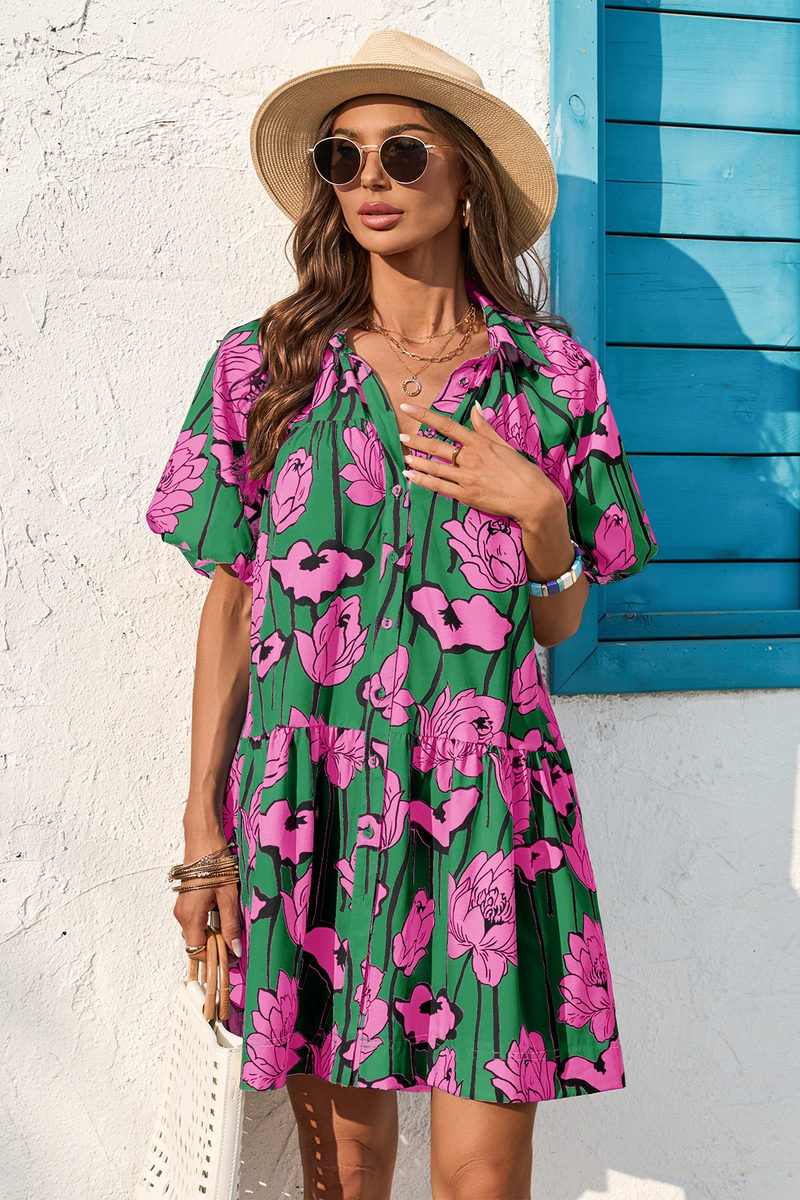 Wenrine Womens Green Floral Shirt Dresses