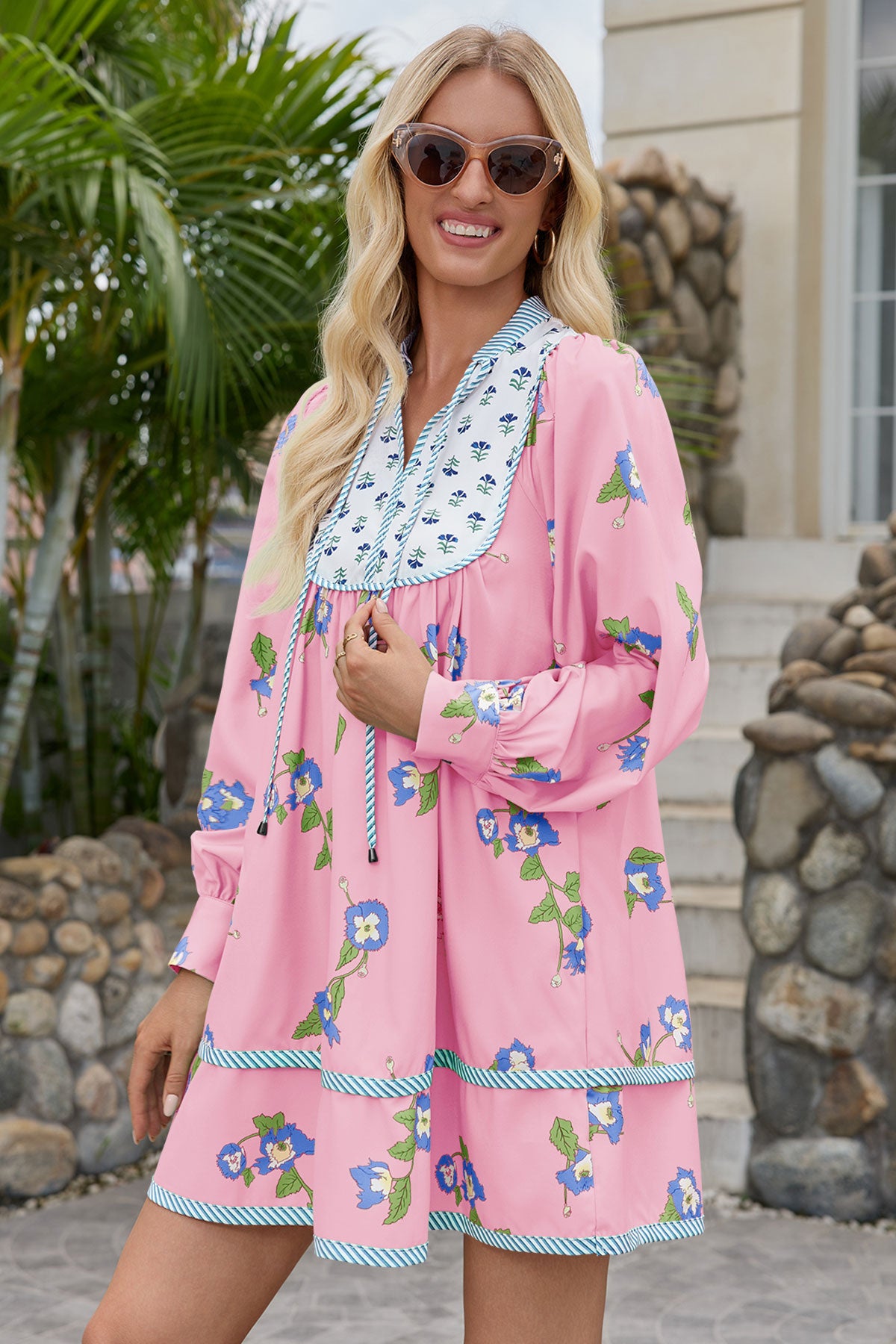 Wenrine Womens Pink Floral Shirt Mini Dresses