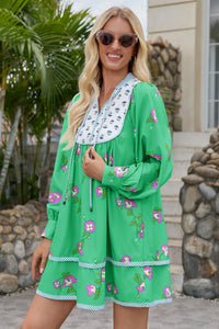 Wenrine Womens Green Floral Shirt Mini Dresses