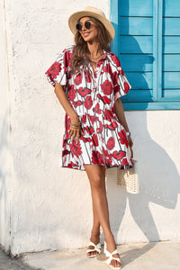 Wenrine Womens Red Floral Shirt Dresses