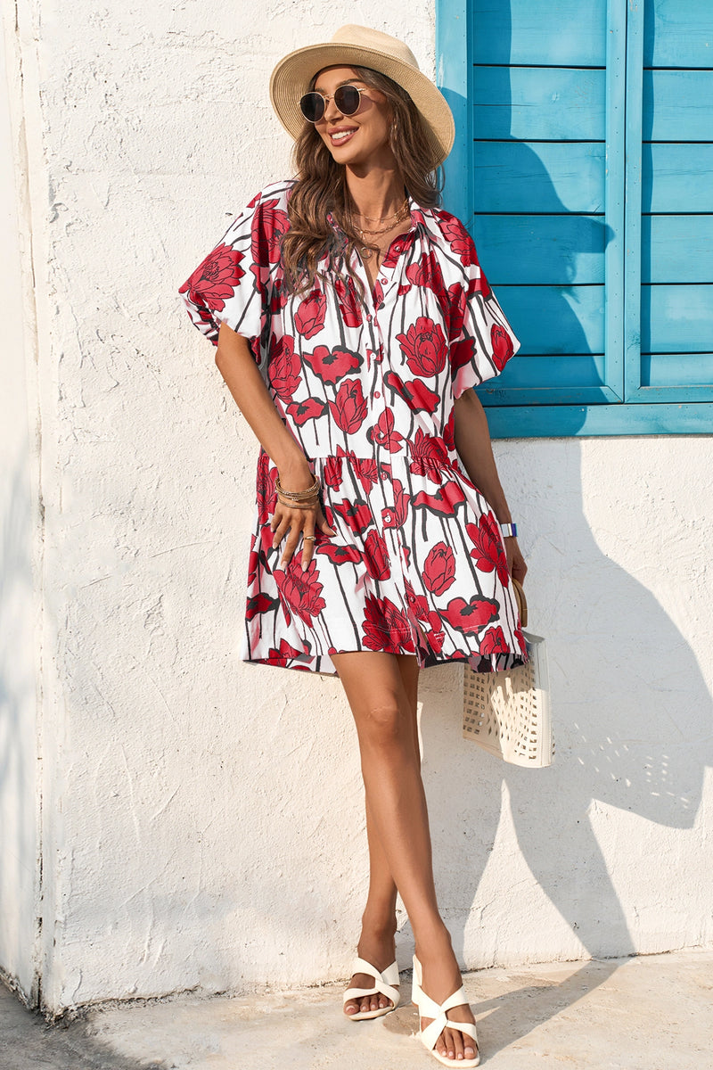 Wenrine Womens Red Floral Shirt Dresses