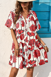 Wenrine Womens Red Floral Shirt Dresses