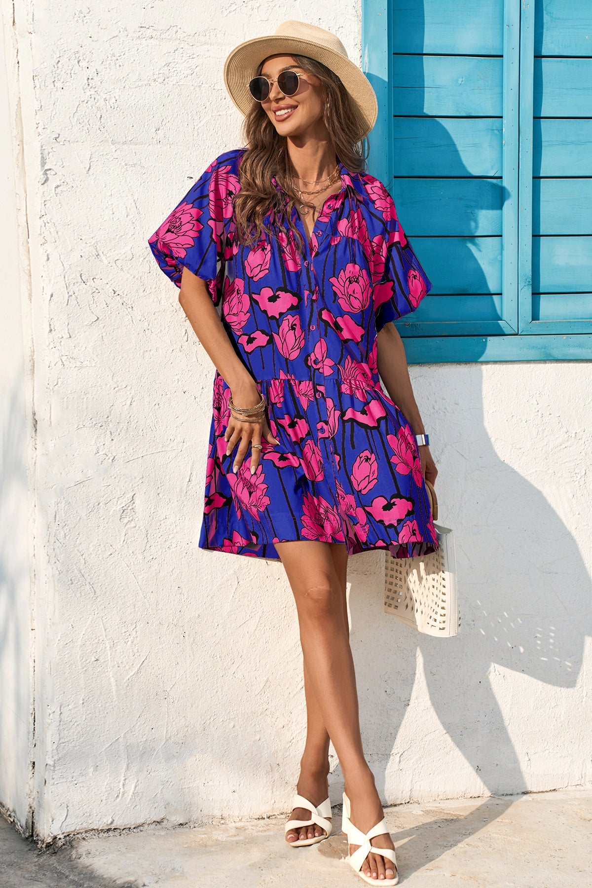 Wenrine Womens Navy Floral Shirt Dresses