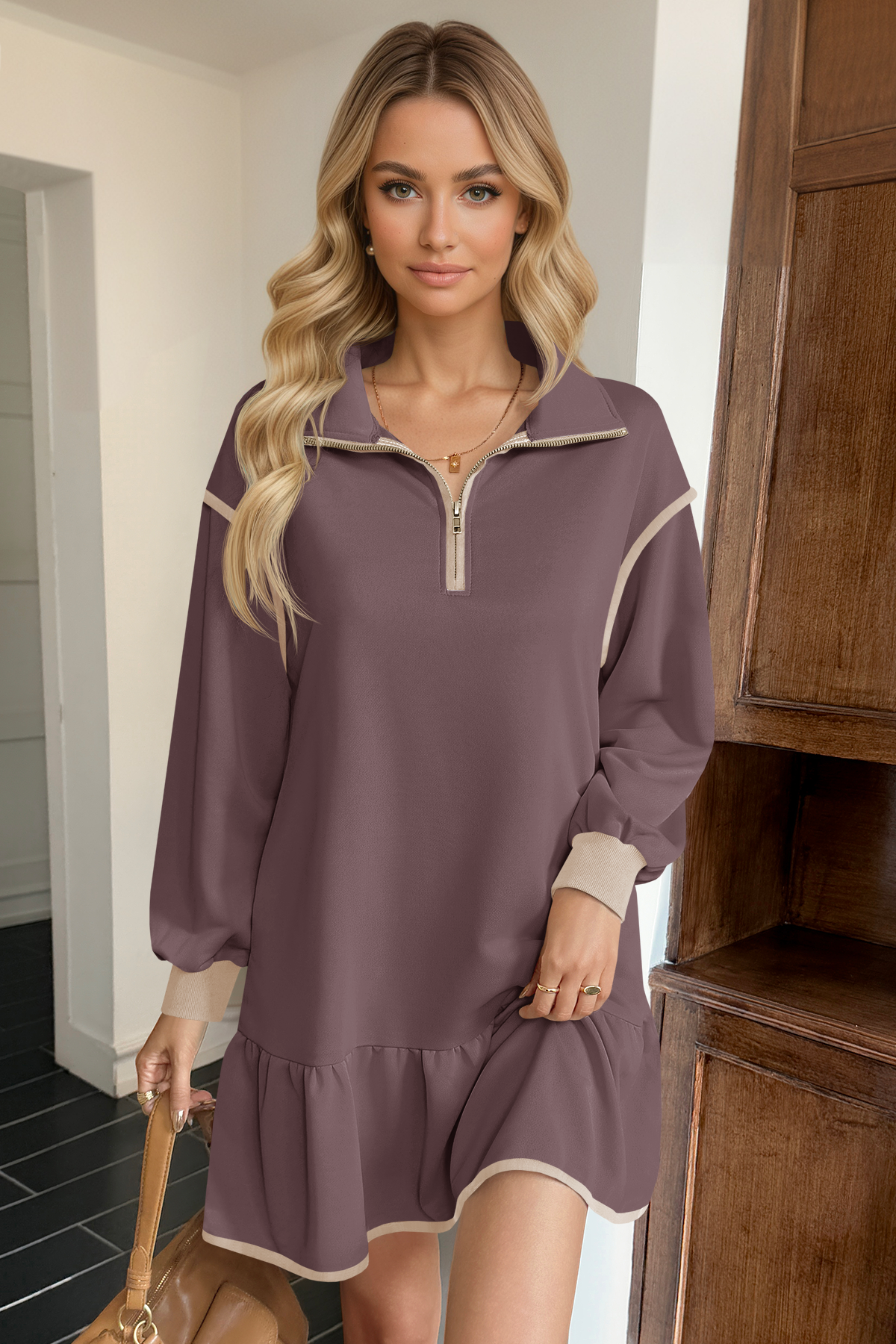Wenrine Womens Brown Oversized Sweatshirt Dresses