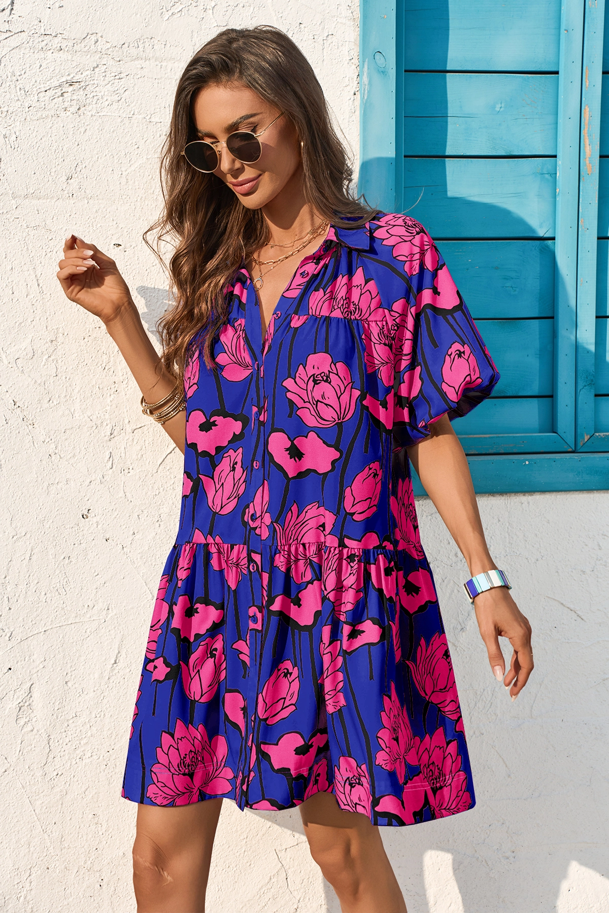 Wenrine Womens Navy Floral Shirt Dresses