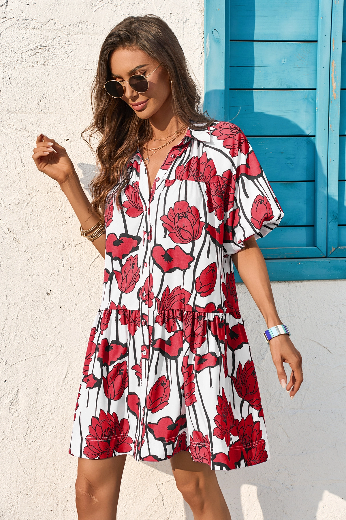 Wenrine Womens Red Floral Shirt Dresses
