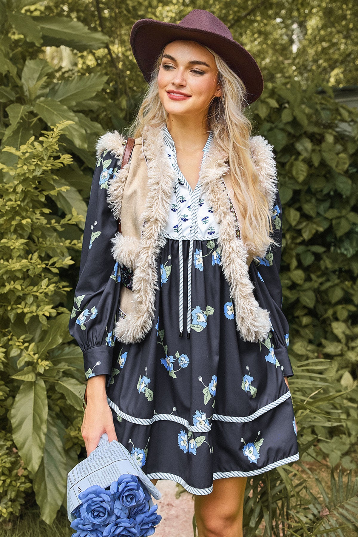 Wenrine Womens Navy Floral Shirt Mini Dresses