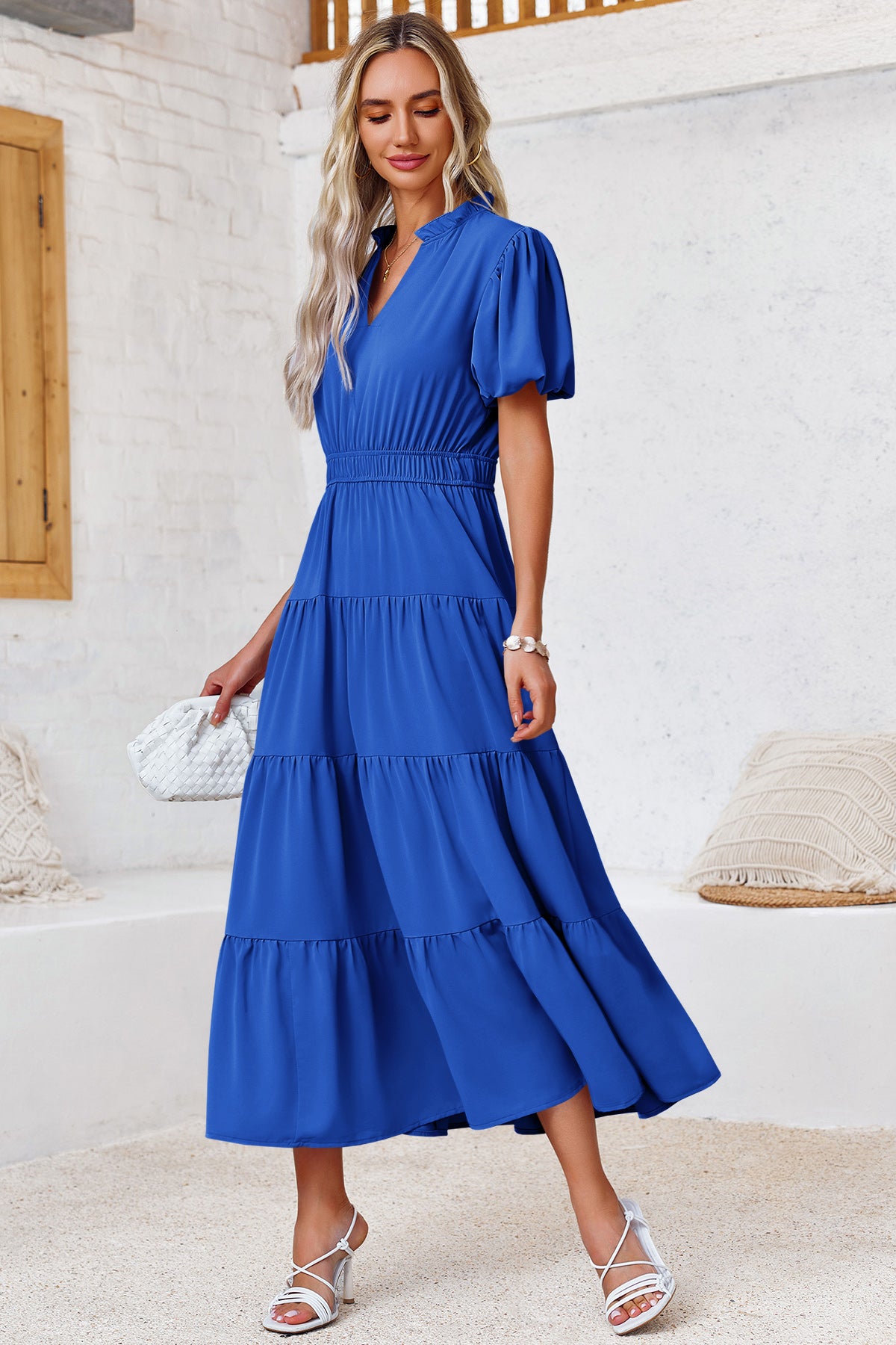 Wenrine Womens Blue Flowy Tiered  Midi Dress