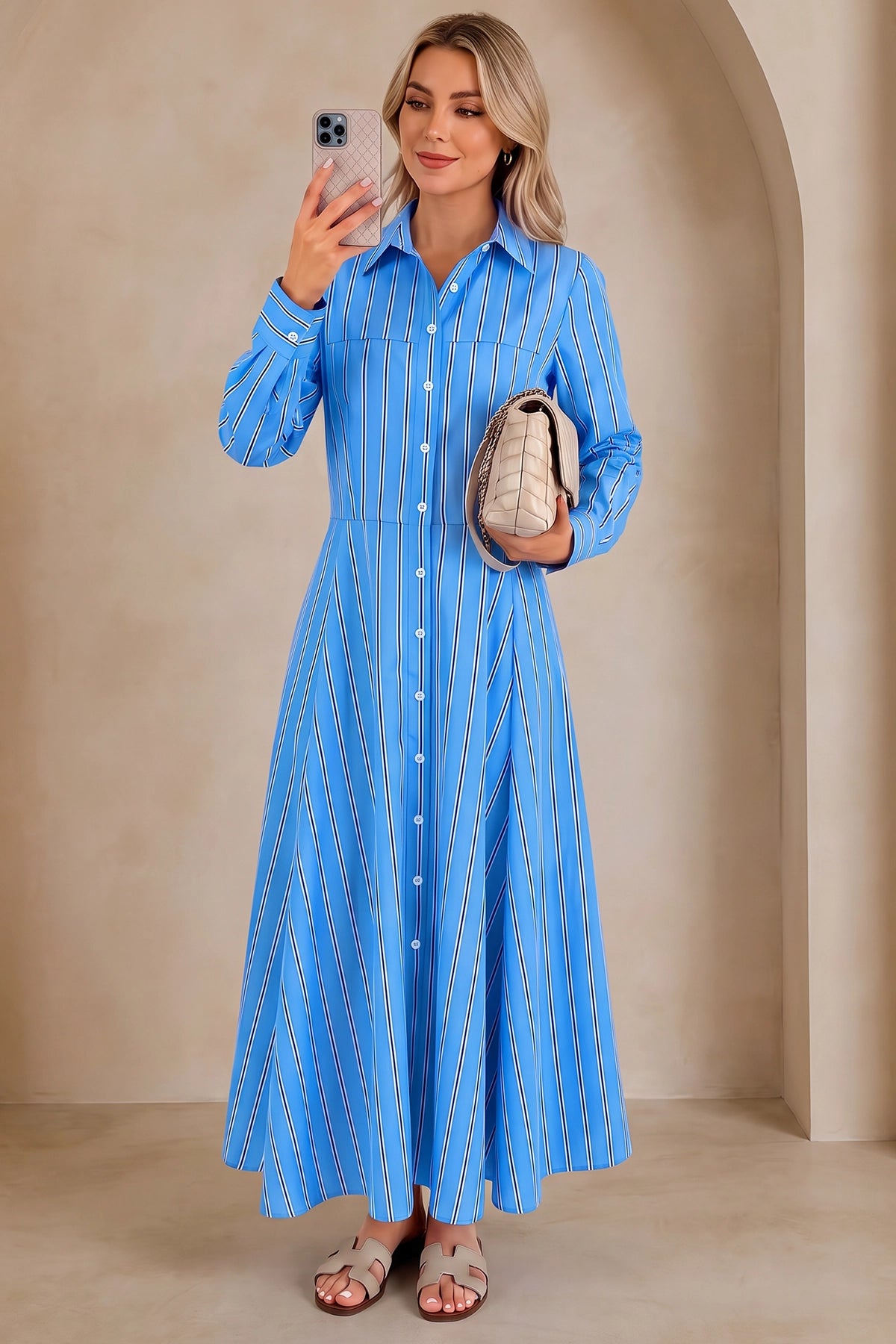 Wenrine Womens Blue Long Sleeve Maxi Dress