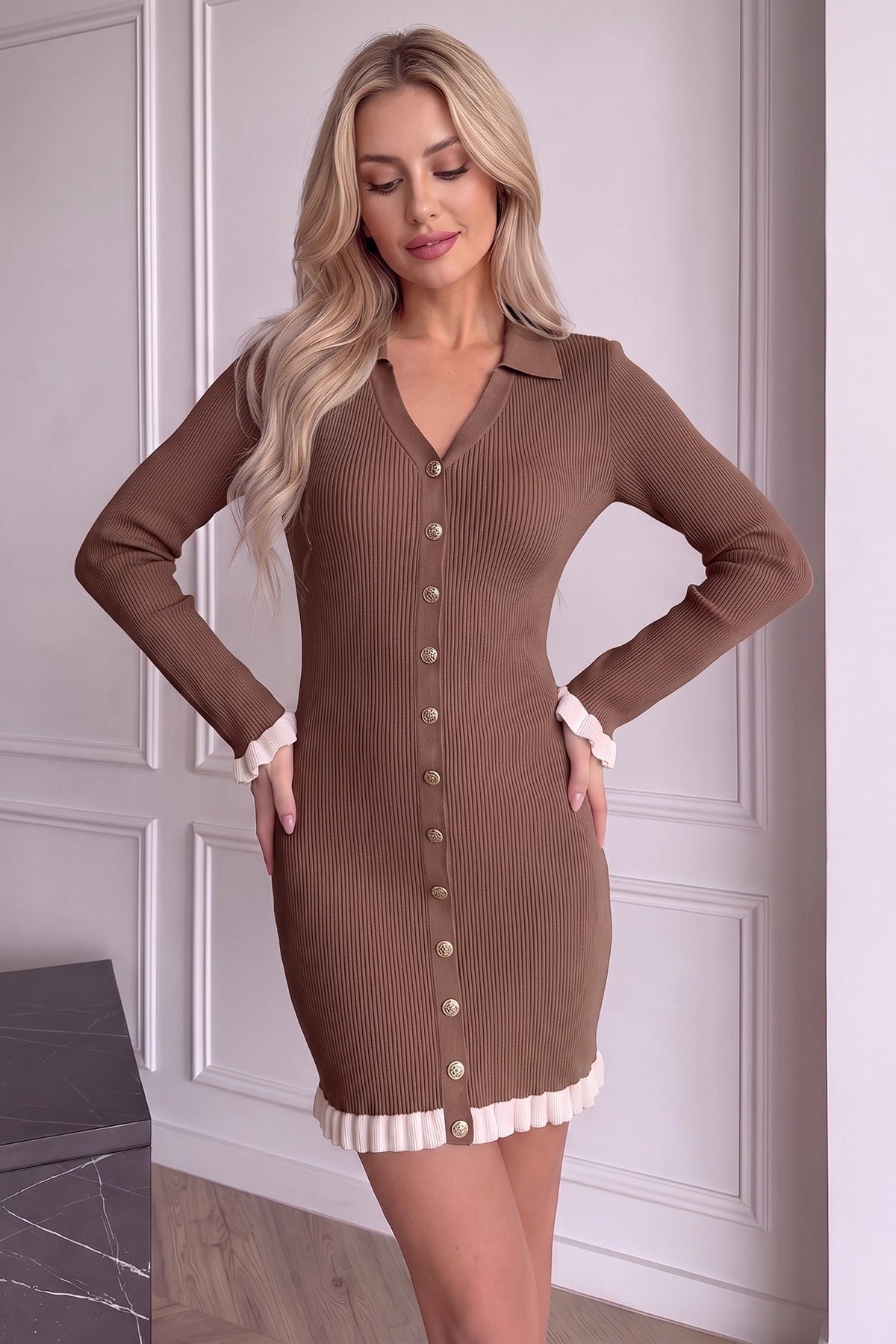 Wenrine Womens Brown Button Down Mini Dress
