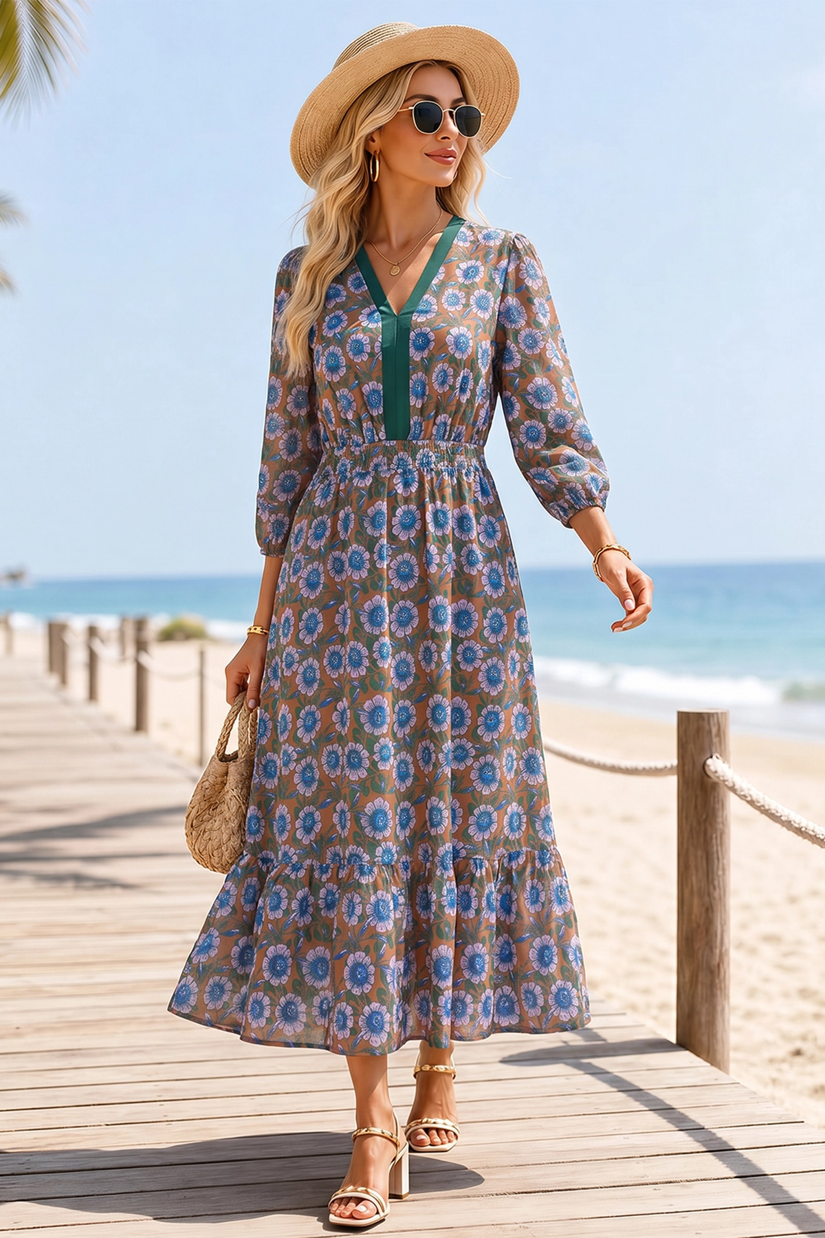 Wenrine Womens Brown Boho Floral Flowy Dresses