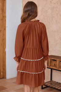 Wenrine Womens Brown Ruffle V Neck Babydoll Mini Dress