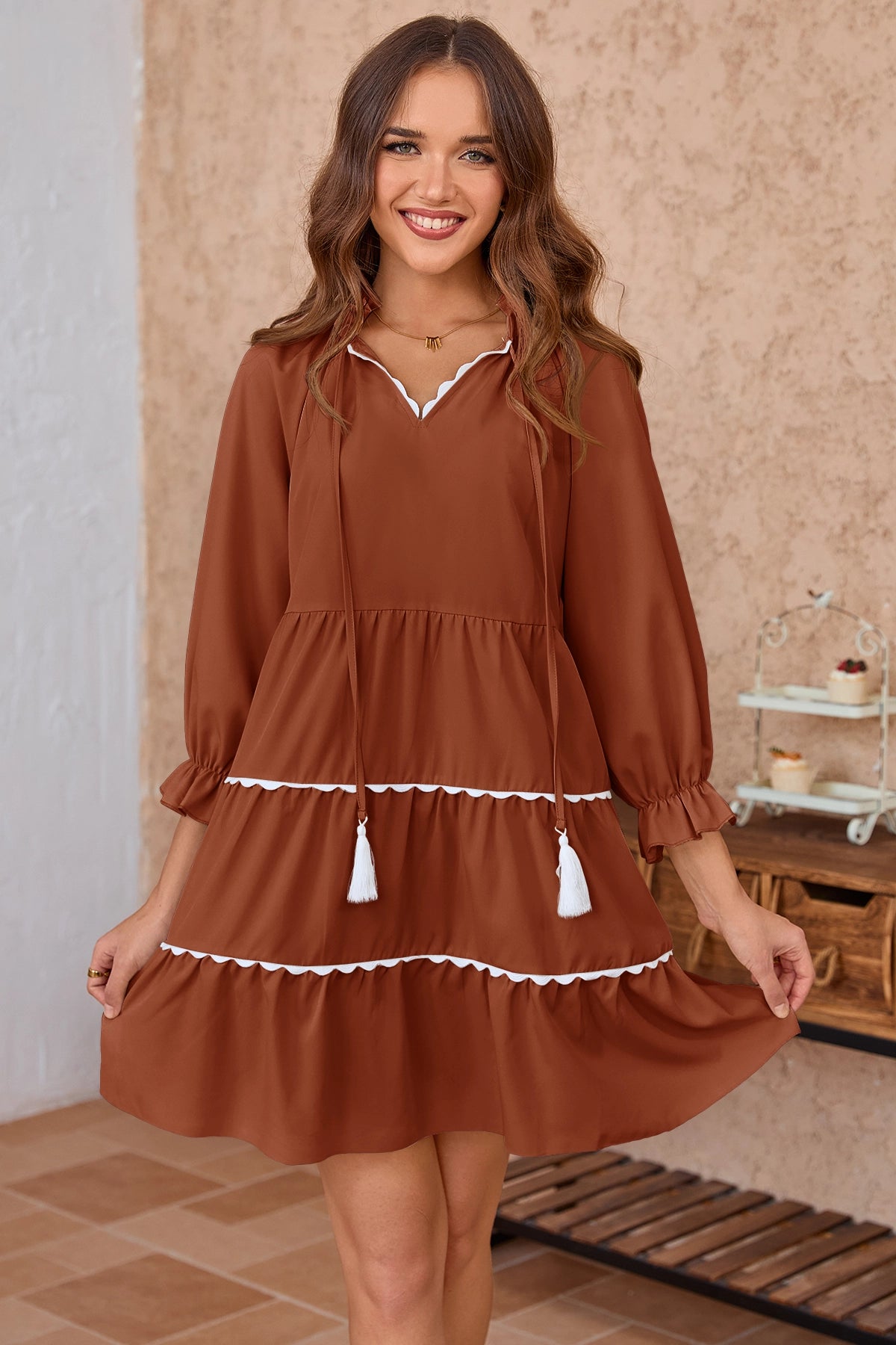 Wenrine Womens Brown Ruffle V Neck Babydoll Mini Dress