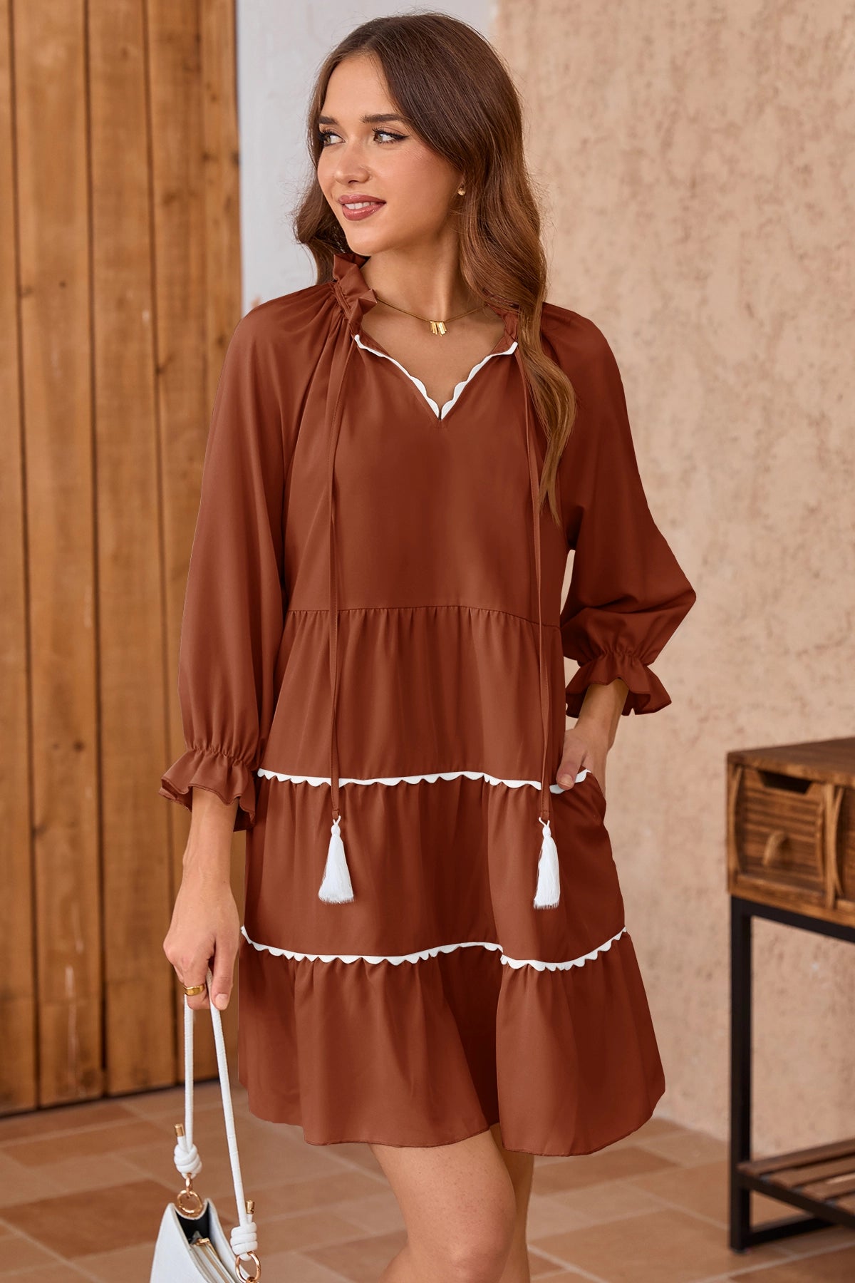 Wenrine Womens Brown Ruffle V Neck Babydoll Mini Dress