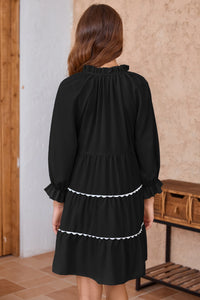 Wenrine Womens Black Ruffle V Neck Babydoll Mini Dress