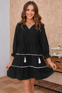 Wenrine Womens Black Ruffle V Neck Babydoll Mini Dress