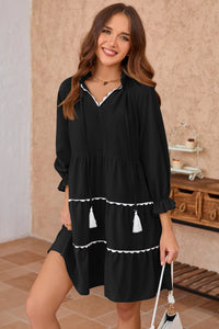 Wenrine Womens Black Ruffle V Neck Babydoll Mini Dress