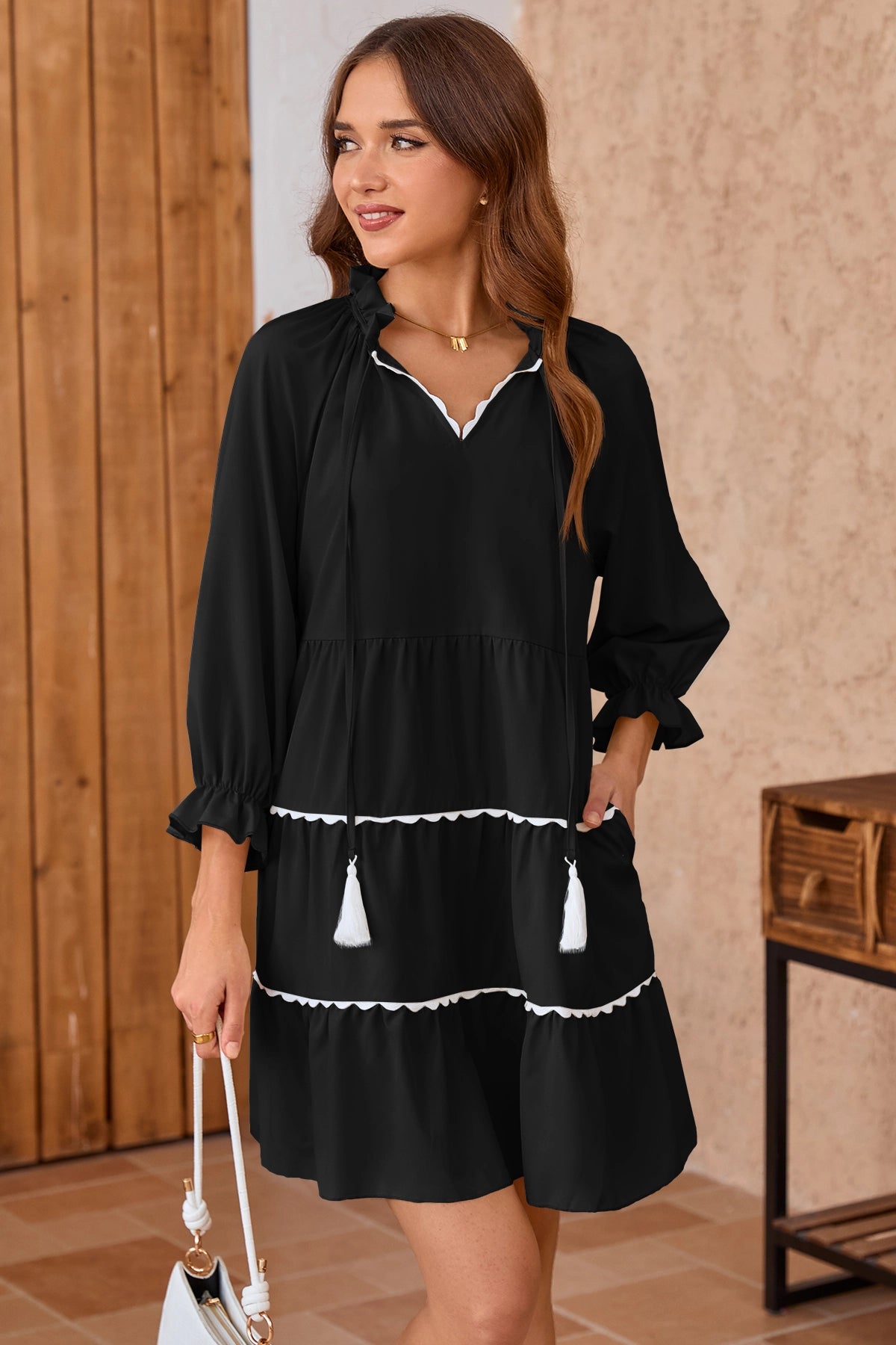 Wenrine Womens Black Ruffle V Neck Babydoll Mini Dress