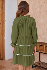 Wenrine Womens Army Green Ruffle V Neck Babydoll Mini Dress