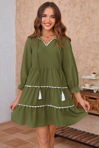 Wenrine Womens Army Green Ruffle V Neck Babydoll Mini Dress