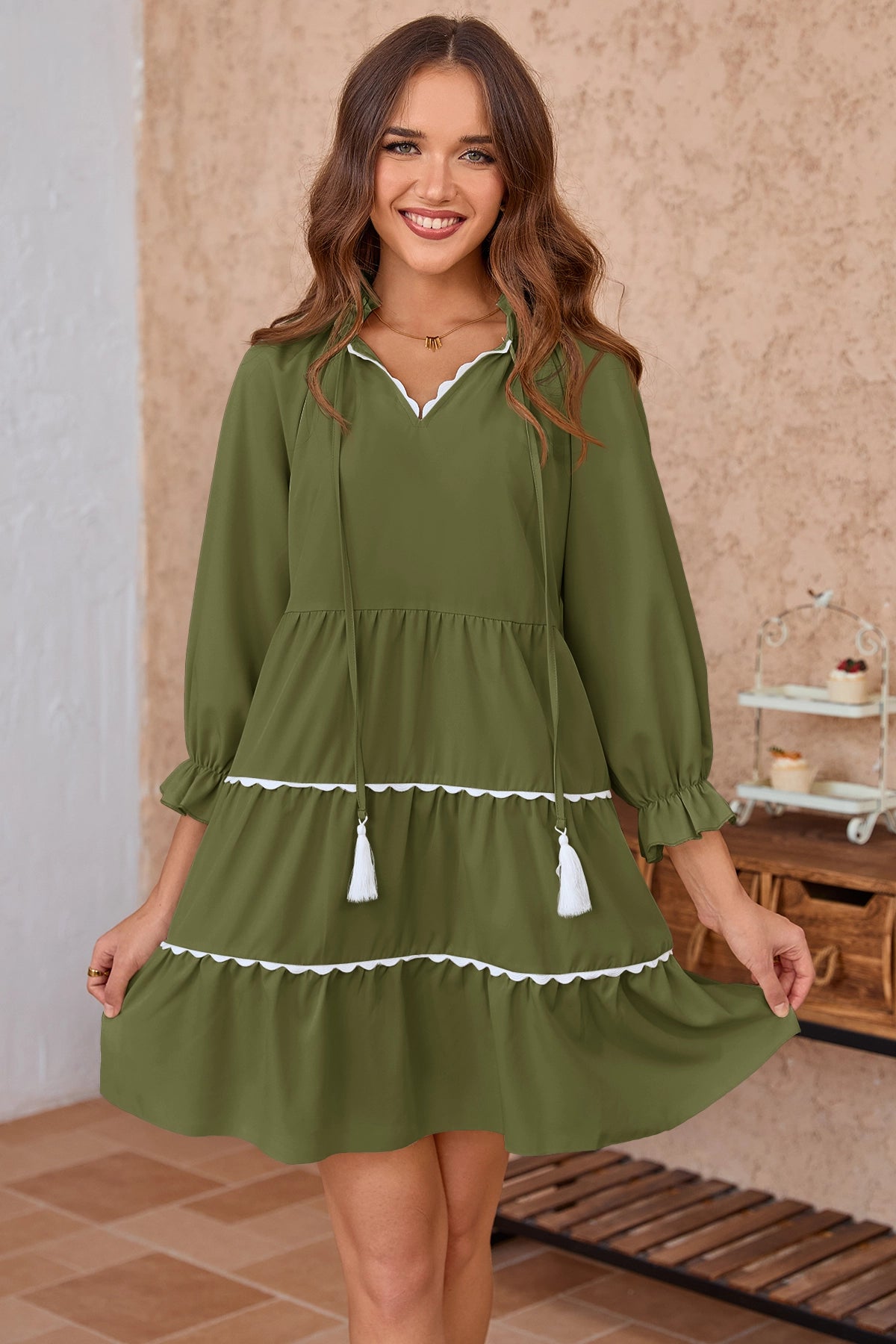 Wenrine Womens Army Green Ruffle V Neck Babydoll Mini Dress