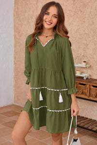 Wenrine Womens Army Green Ruffle V Neck Babydoll Mini Dress