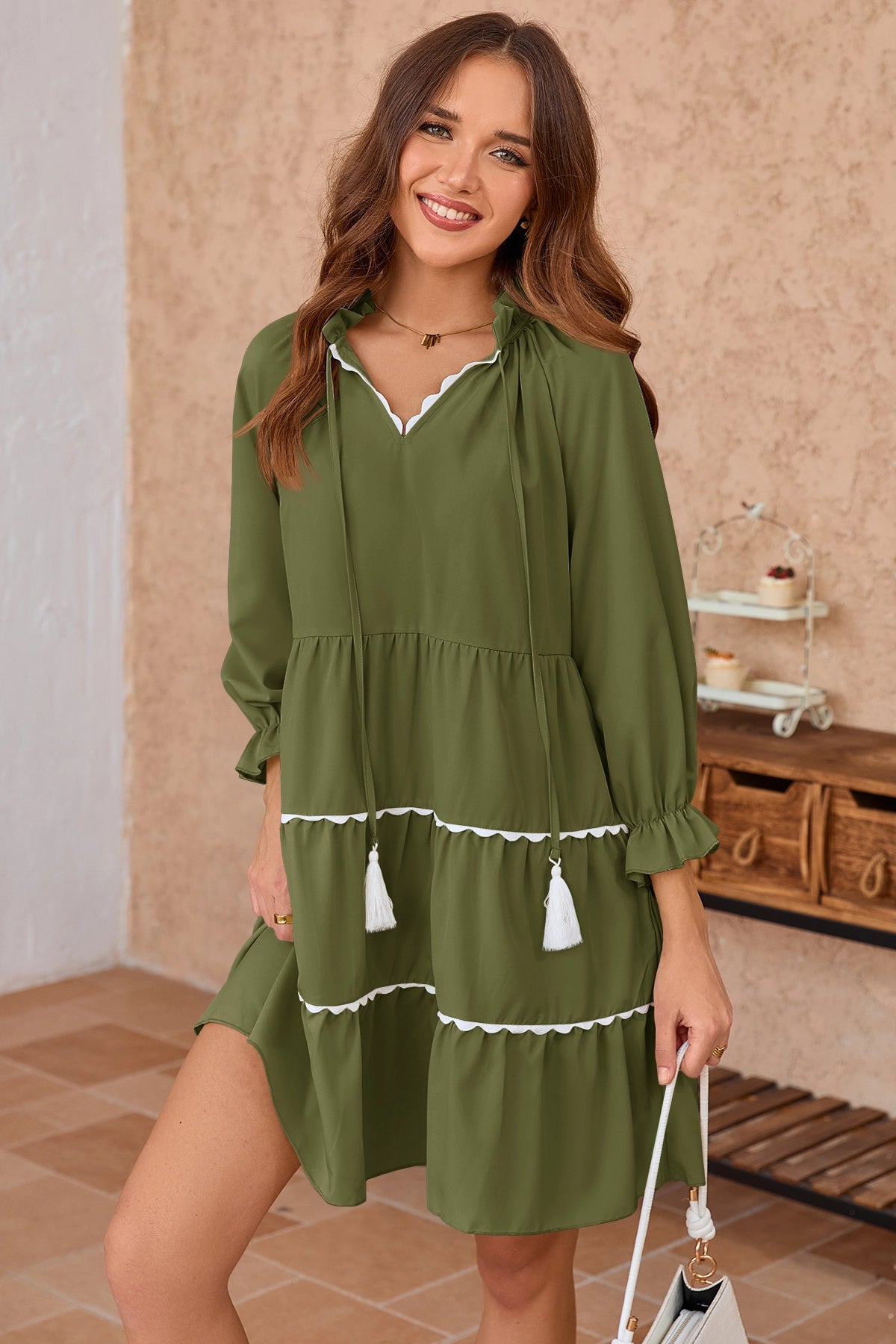 Wenrine Womens Army Green Ruffle V Neck Babydoll Mini Dress