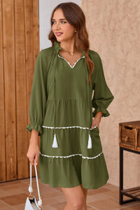 Wenrine Womens Army Green Ruffle V Neck Babydoll Mini Dress