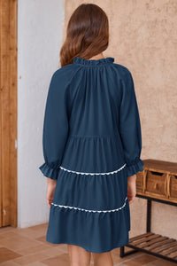 Wenrine Womens Navy Ruffle V Neck Babydoll Mini Dress