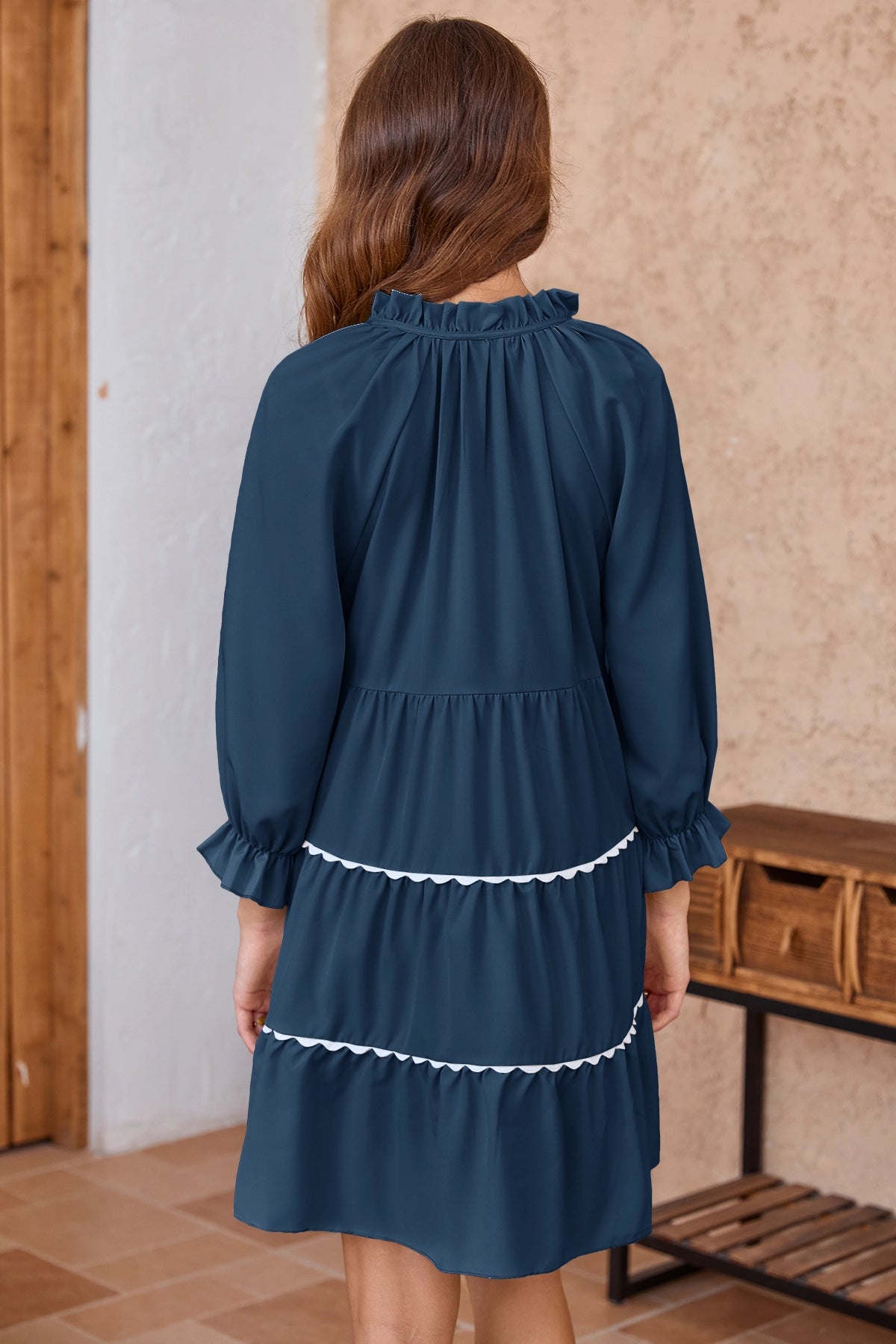 Wenrine Womens Navy Ruffle V Neck Babydoll Mini Dress