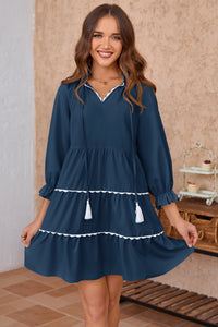 Wenrine Womens Navy Ruffle V Neck Babydoll Mini Dress