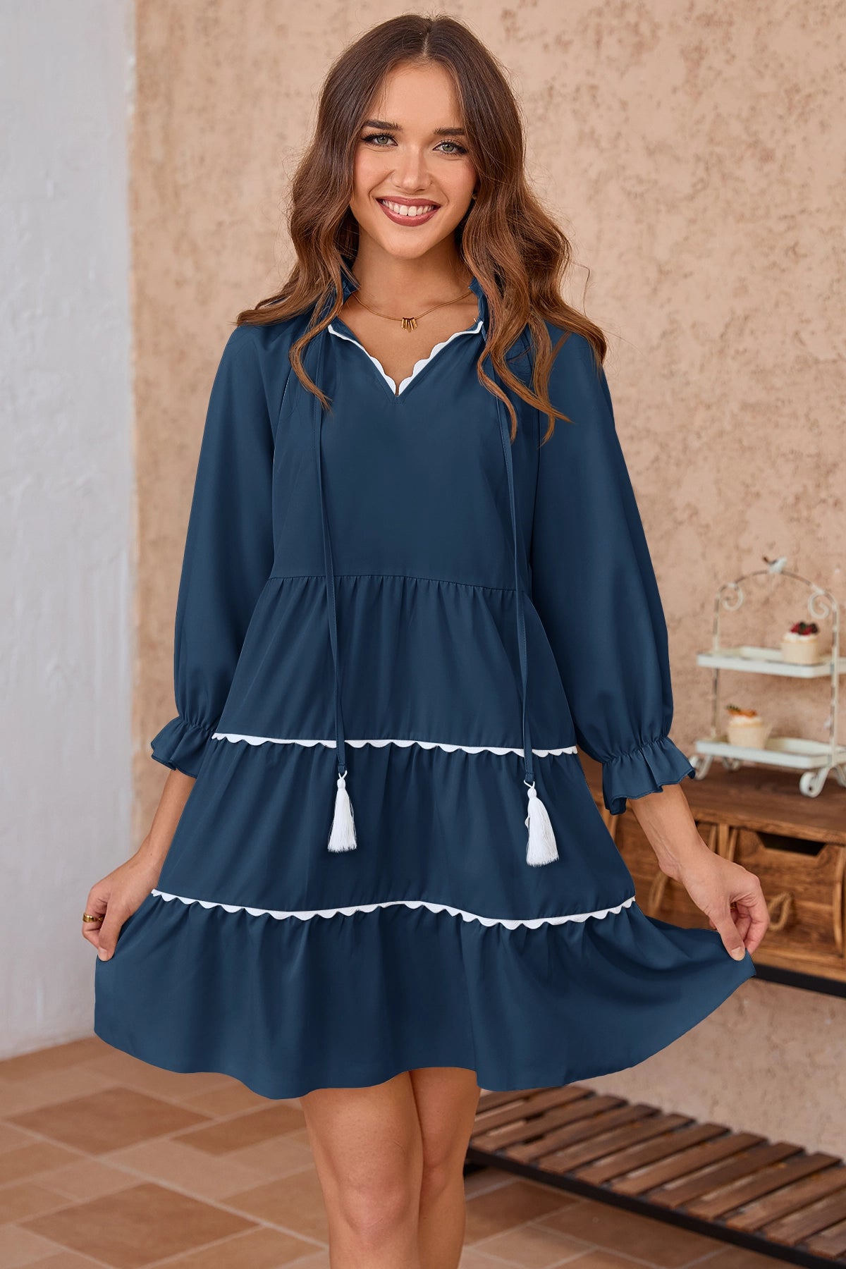 Wenrine Womens Navy Ruffle V Neck Babydoll Mini Dress