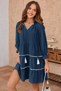 Wenrine Womens Navy Ruffle V Neck Babydoll Mini Dress