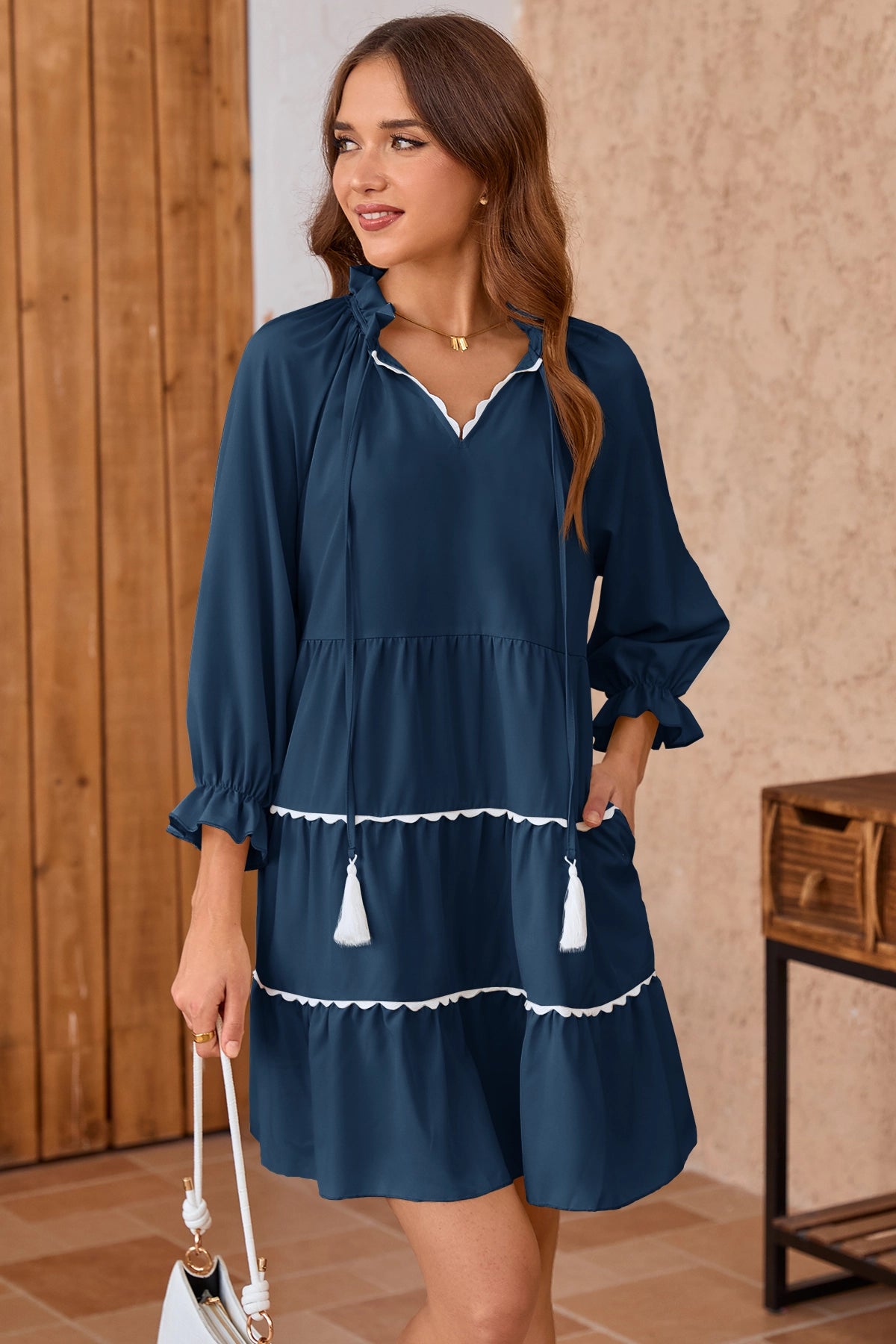 Wenrine Womens Navy Ruffle V Neck Babydoll Mini Dress