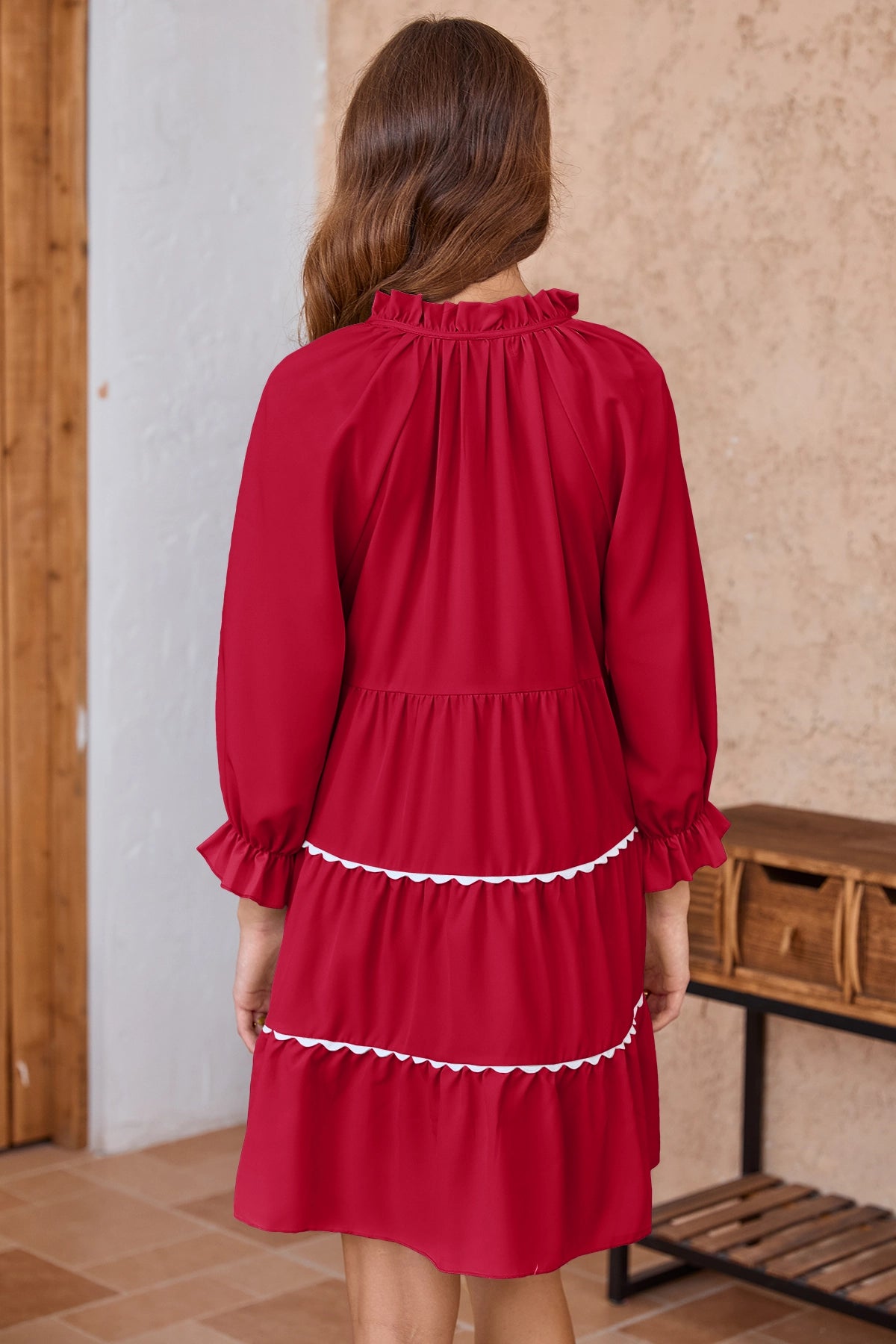 Wenrine Womens Red Ruffle V Neck Babydoll Mini Dress