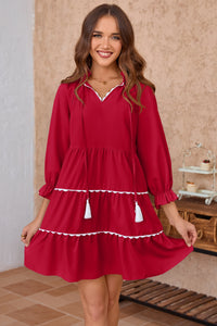 Wenrine Womens Red Ruffle V Neck Babydoll Mini Dress