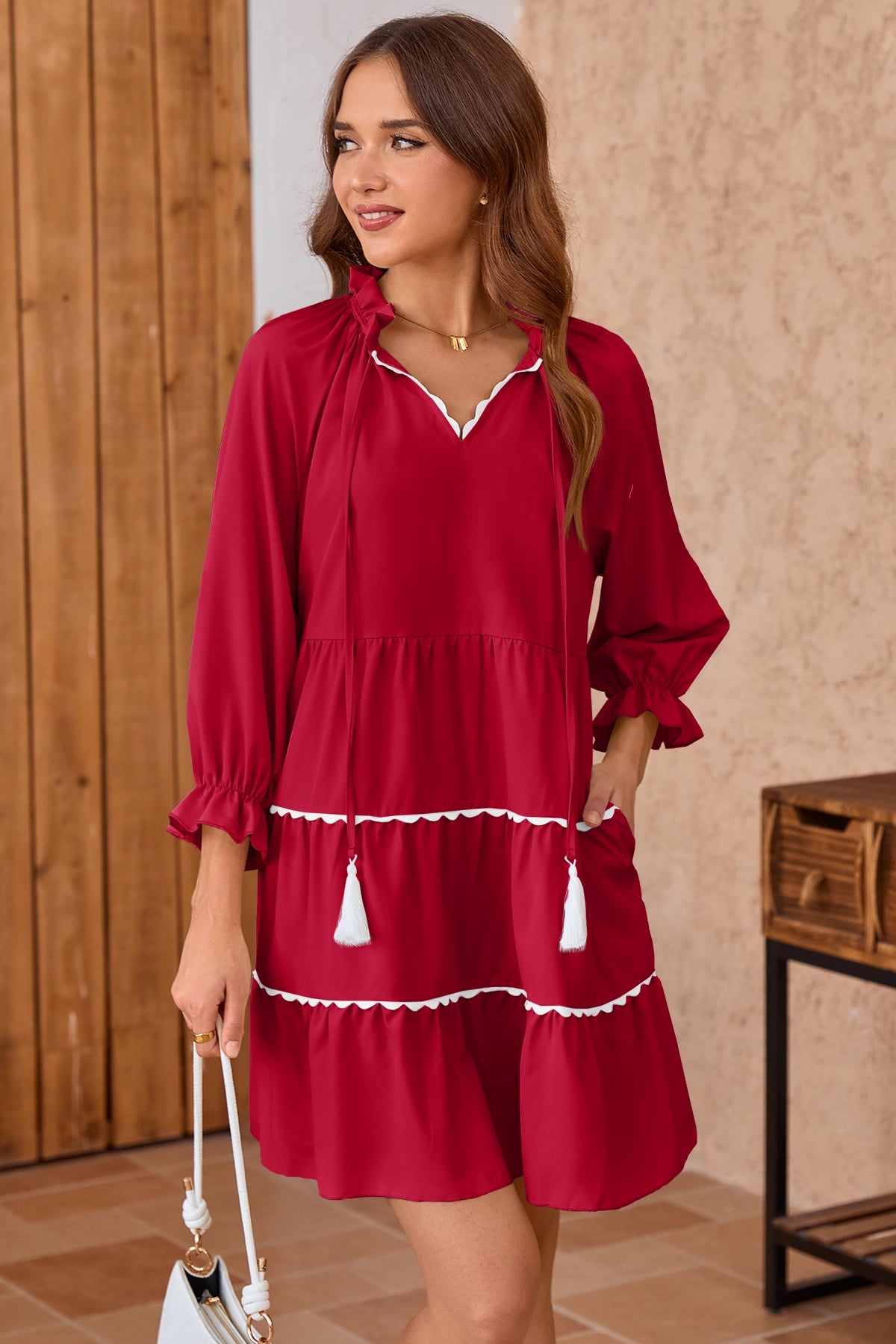 Wenrine Womens Red Ruffle V Neck Babydoll Mini Dress