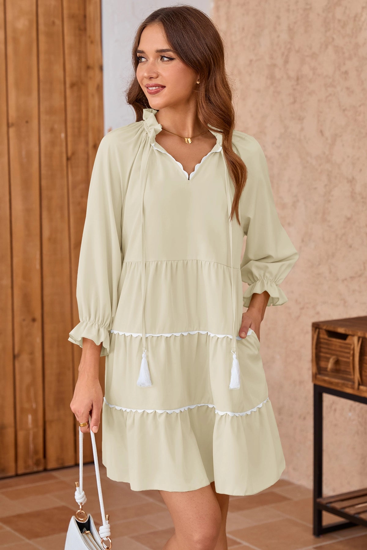 Wenrine Womens Apricot Ruffle V Neck Babydoll Mini Dress