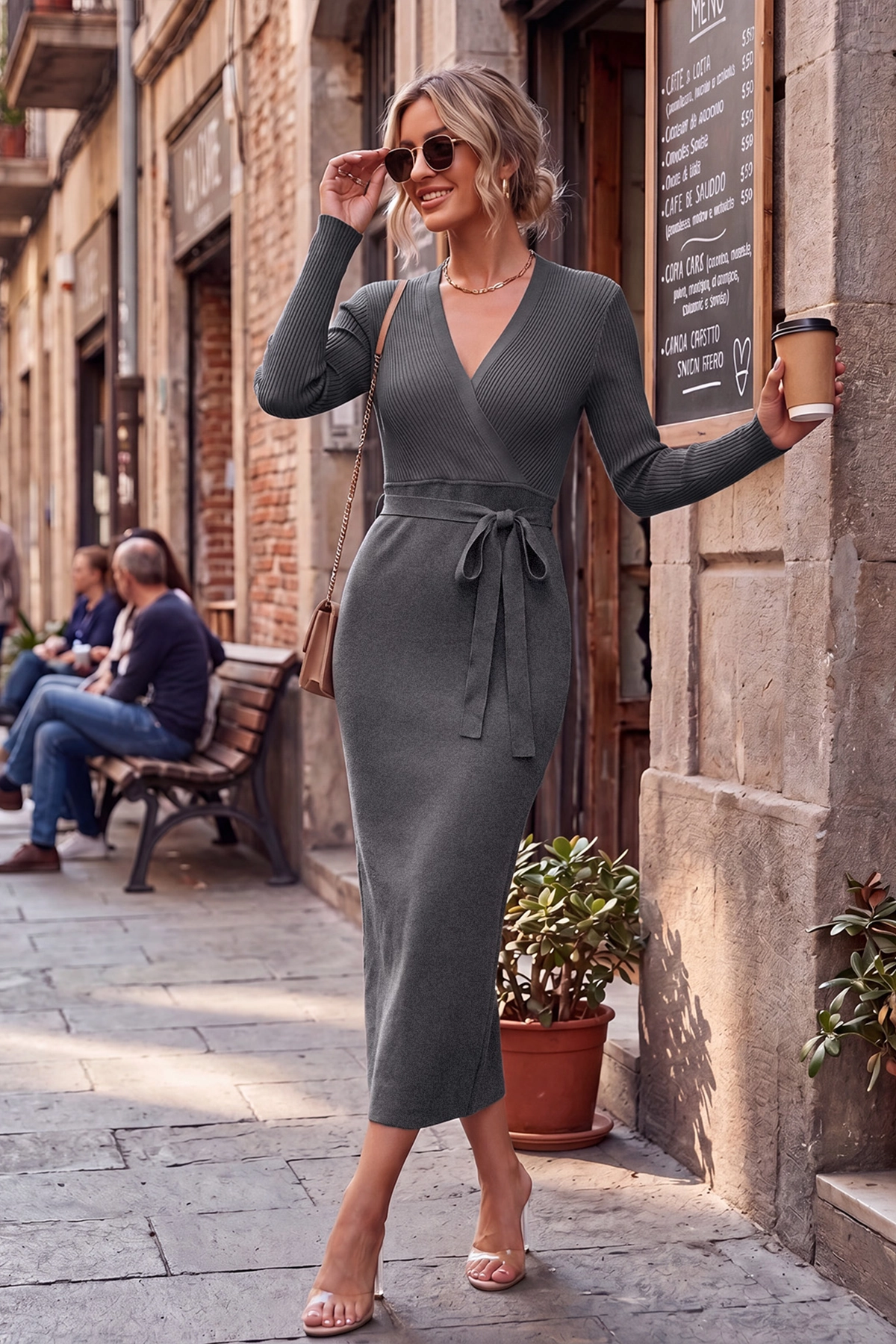 Wenrine Womens Dark Grey Sweater Midi Dress