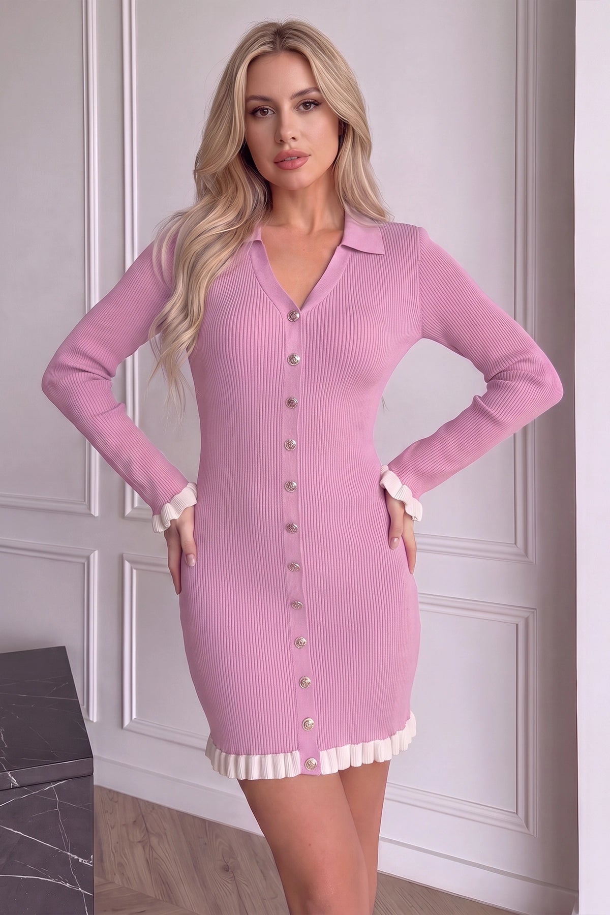 Wenrine Womens Pink Button Down Mini Dress