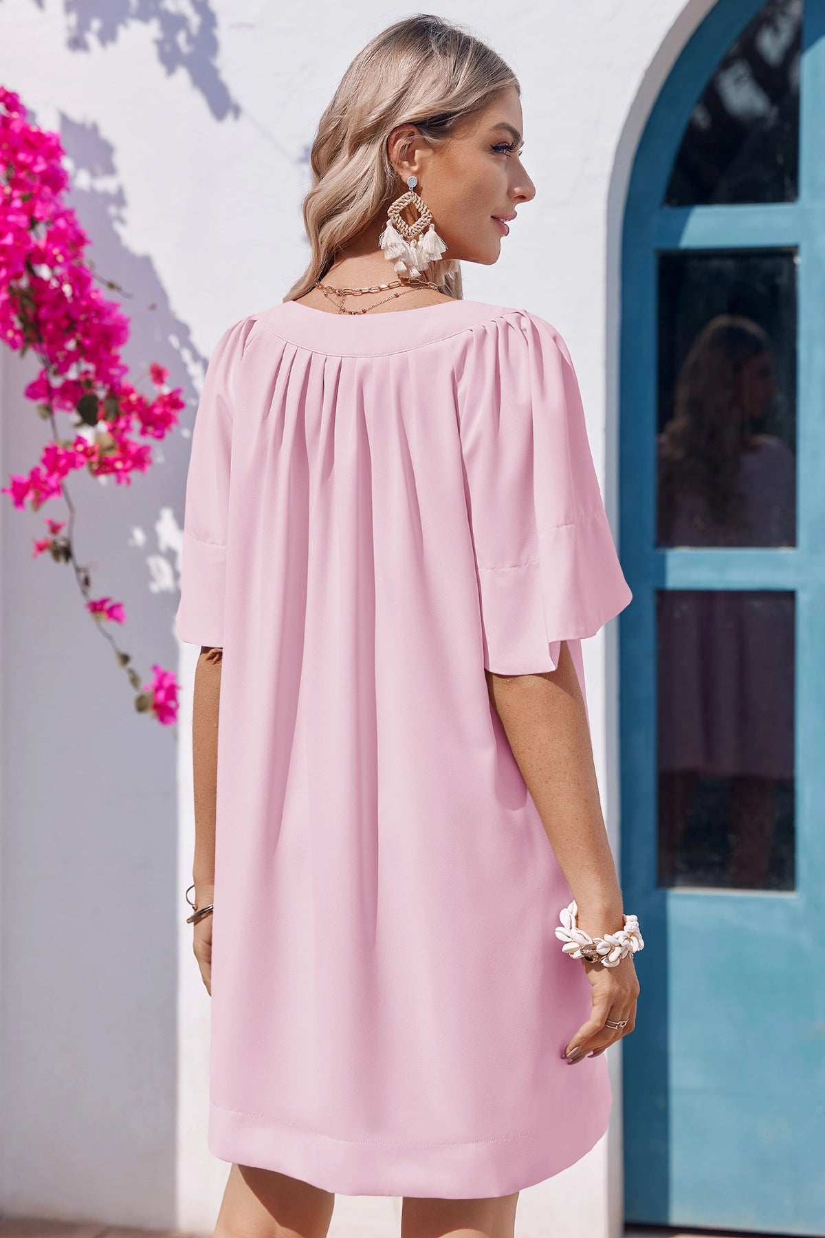 Wenrine Womens Pink Flutter V Neck  Mini Dress