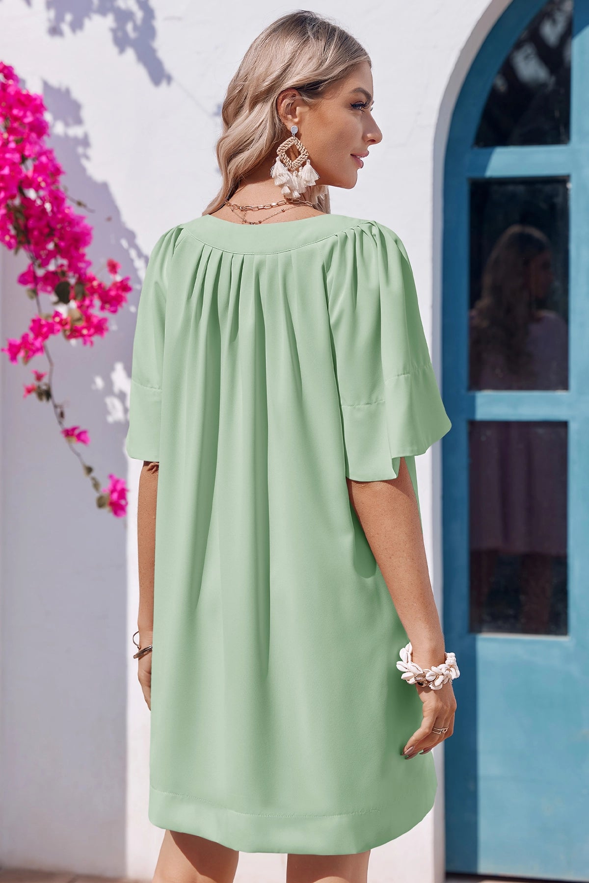 Wenrine Womens Green Flutter V Neck  Mini Dress