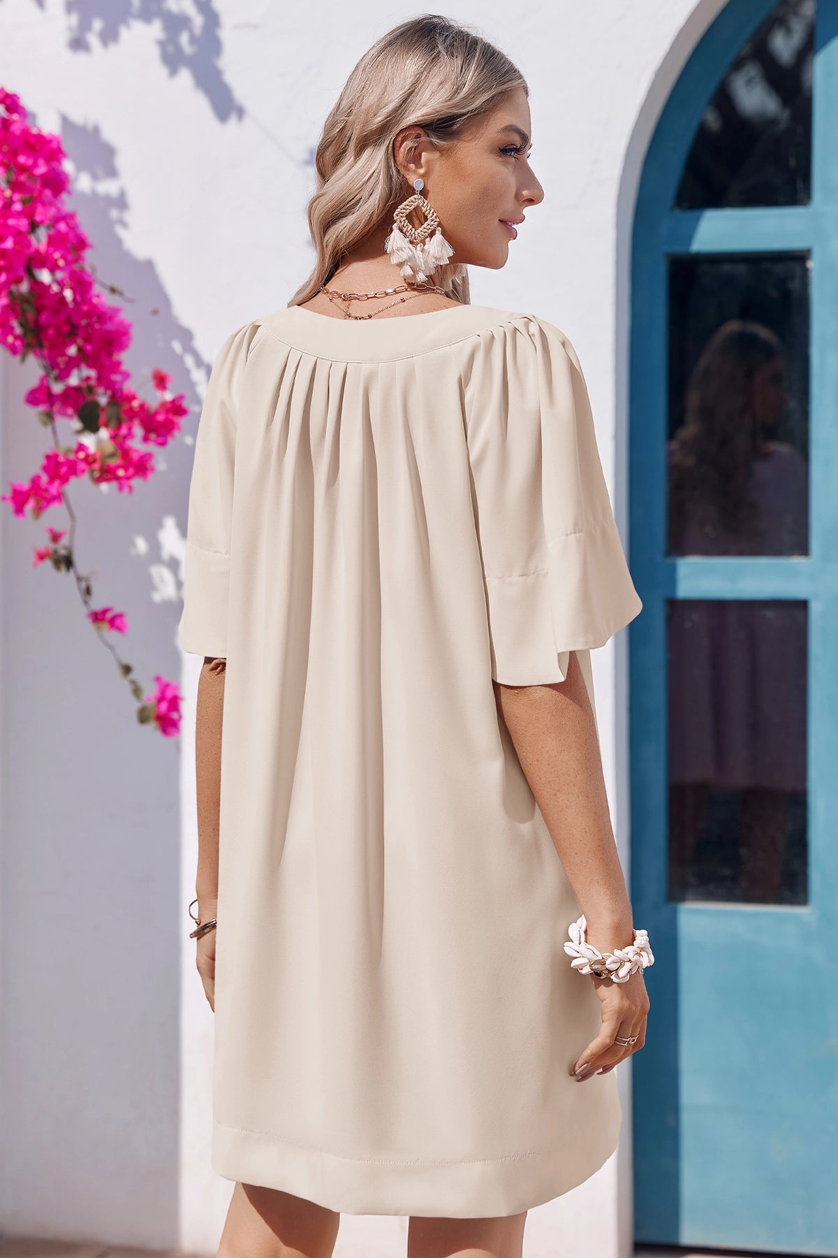 Wenrine Womens Beige Flutter V Neck  Mini Dress