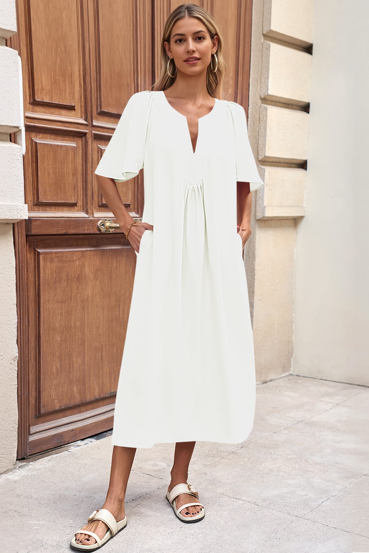 Wenrine Womens White Flutter Side Slit Pleated Maxi Dress