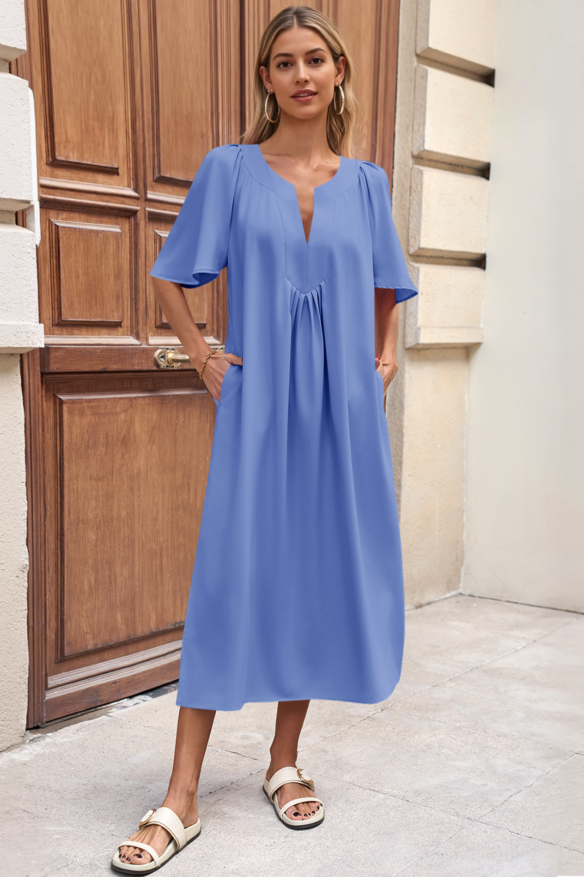 Wenrine Womens Light Blue Flutter Side Slit Pleated Maxi Dress