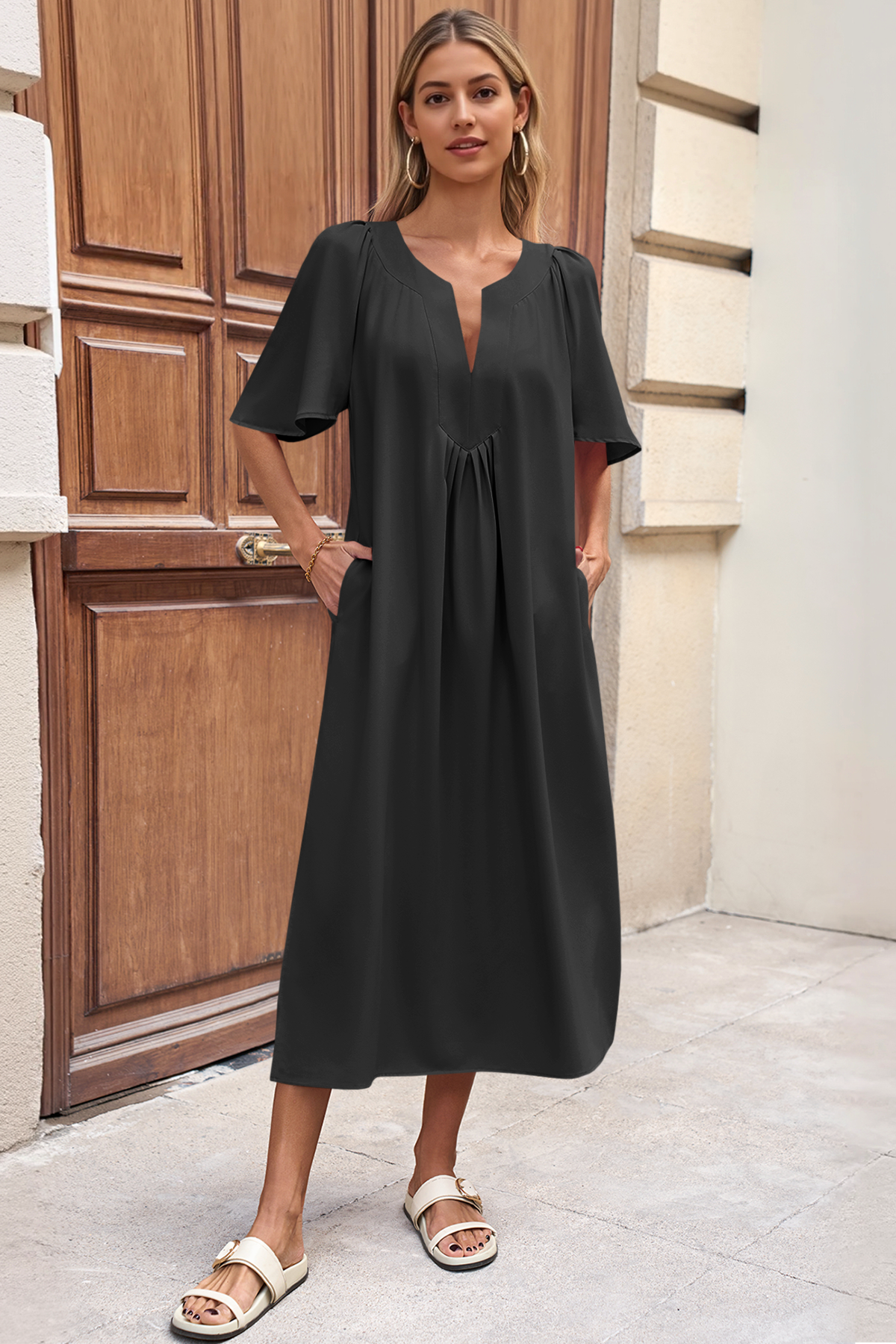 Wenrine Womens Black Flutter Side Slit Pleated Maxi Dress
